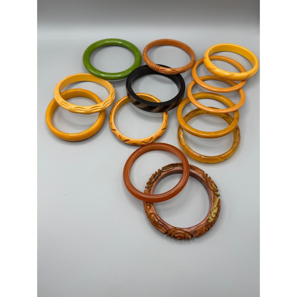 Vintage Bakelite Bangle Lot 13 Bracelets Carved Tested Butterscotch Amber Green